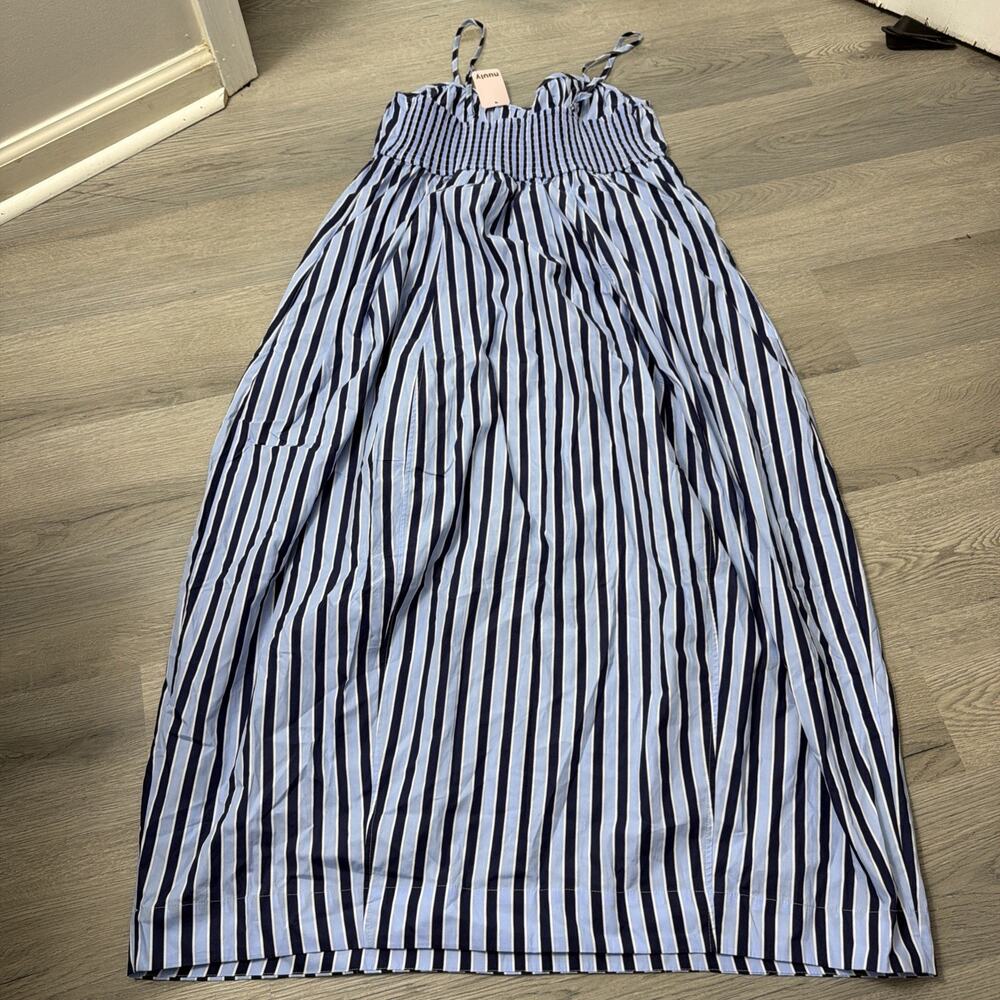 Anthropologie By Maeve Cotton Barrel Midi Dress Blue Stripe Size Medium - Picture 4 of 7